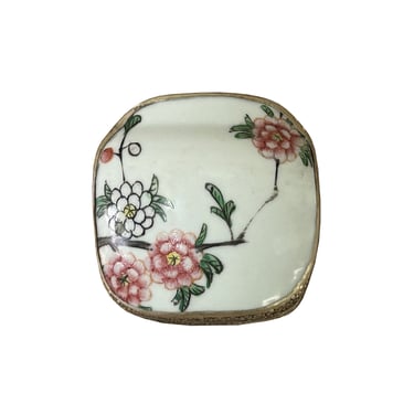 3.5" Chinese Old White Base Pink Flower Graphic Porcelain Art Pewter Box ws3946E 