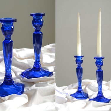 Vintage 80s Cobalt Blue Candlestick Holder Pair | Centerpiece, Home Decor, Glassware, Bohemian | 1980s Decorative Boho Candle Holder Set 