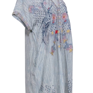 Johnny Was - Light Blue Floral Embroidered Short Sleeve Dress Sz L