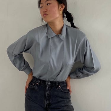 80s silk blouse / vintage gray silk twill bib blouse with pocket | Medium 