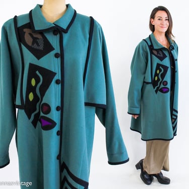 1980s Aqua Blue Wool Coat | 80s Turquoise Blue Wool Coat | Color Block Abstract Coat | beppa | Large 