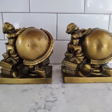 Vintage 1960's Brass Bookends Man at Globe by PM Craftsman 