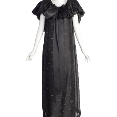 Christian Dior Vintage Black Silk Gazar Rhinestone Embellished Ruffle Collar Evening Gown