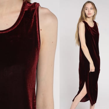 Velvet Midi Dress 90s Dark Red Party Dress Wine High Slit Sleeveless Sheath 1990s Cocktail Vintage Gothic Going Out Dress Large 14 