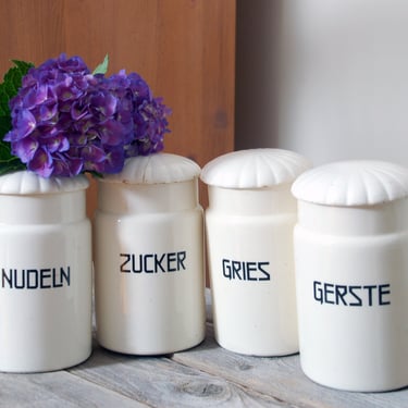 Set of 4 antique canisters / large vintage German white ceramic canister set  / kitchen canisters / white farmhouse decor / cottage decor 