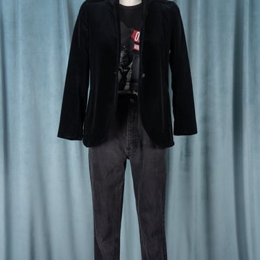 Vintage 1980s I. Magnin Heavy Black Velvet Blazer Jacket with Shoulder Detail and Sparkle Button 