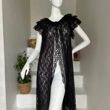 Sexy 1960s Black Lace Nylon Tricot Robe , Butterfly Sleeves , S-M 