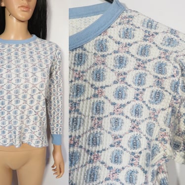 Vintage 70s Romantic Cottagecore Paisley Print Waffle Thermal Pajama Top All Cotton Size XS/S 