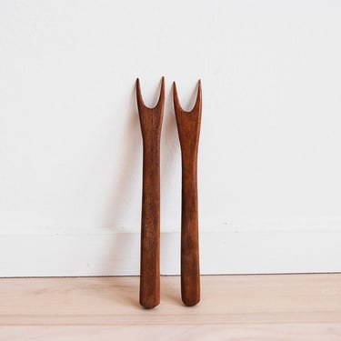 Pair of Vintage Solid Teak Wood Forks 