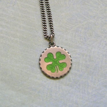 Vintage Silver and Enamel Four Leaf Clover Charm, Old German Silver Good Luck Charm, Silver Enamel Charm Necklace (#4012) 