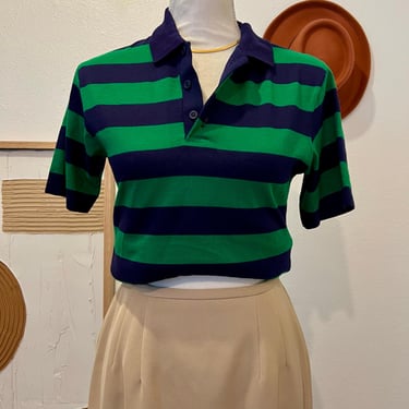 Vintage 1970s USA Made Green & Blue Wide Striped Collar Polo Shirt - S/M 