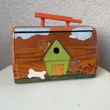 Vintage rustic Funky Wood Box Handmade Painted Dog Theme 11” X 7” X 6” 