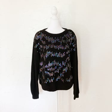 80s Iridescent Sequined Embellished Glam Black Silk Long Sleeve Silk Angora Sweater | Large/Extra Large 