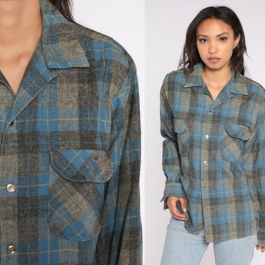 Wool Plaid Shirt 70s Flannel Button Up Grey Blue Check Print Long Sleeve Checkered 1970s Boyfriend Shirt Vintage Tartan Shirt Men's Medium M 