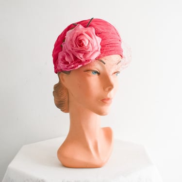 1950s/60s Modern Miss Pink Chiffon Ruched Hat with Roses 