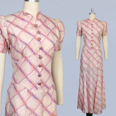 1930s Dres / 30s 40s Pink Plaid Taffeta Summer Gown / Puffed Short Sleeves / Deco Seaming / Maxi Length 