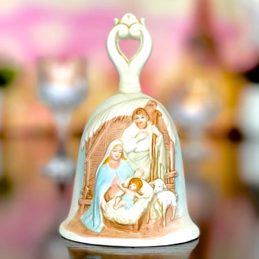 VINTAGE: Homco Bisque Porcelain Bell - Nativity Scene in High Rise Porcelain - Jesus Mary Baby Jesus Manger Christmas Dinner Bell Christmas 