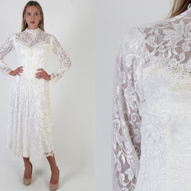 See Through French Lace Wedding Dress, Victorian Deco Flapper Style, Vintage White 80s Sheer Sequin Gown 