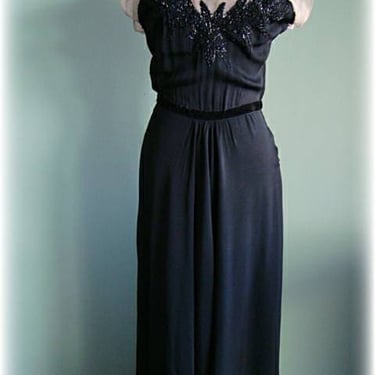 Statuesque 1940's crepe gown with sheer bodice and beads 