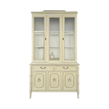 Vintage Buffet with Lighted Hutch by Broyhill - Illuminated White Wooden Faux Bamboo & Glass Display Hollywood Regency Coastal China Cabinet 