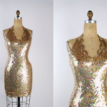 80s Halter Gold Beaded Dress / Party Dress / 80s Dress / Prom Dress / Sequin Dress / Size XS/S 