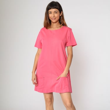 Vintage Pink Pocket Dress 90s Mini Shift Dress Short Sleeve Simple Plain Minimalist Normcore 1990s Basic Casual Small S 