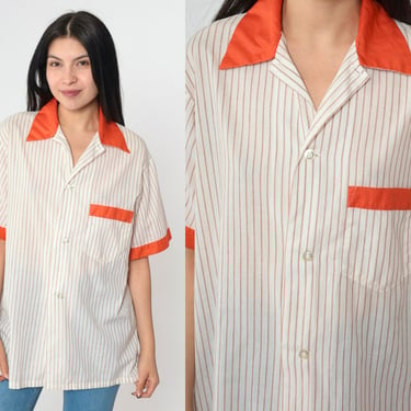 70s White Striped Shirt Thin Semi-Sheer Orange Collar Shirt Short Sleeve Boho Top Disco Shirt Button Up 1970s Collared Men's 38-40 Medium 