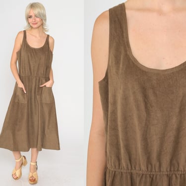 80s Faux Suede Dress Brown Midi Dress Retro Sleeveless Scoop Neck Boho Hippie Ultrasuede Sundress High Waisted Vintage 1980s Medium Large 