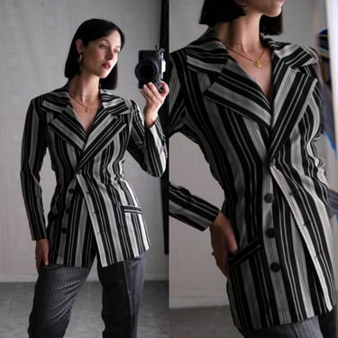 Vintage 90s Betsey Johnson Luxe Black & Gray Dandy Stripe Four Button Double Breasted Blazer | Made in USA | 1990s does 1960s Designer Coat 