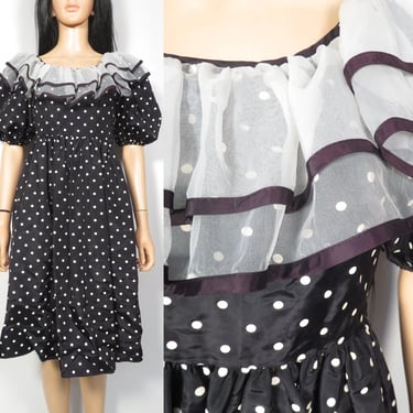 Vintage 70s Frilly Collar Formal Polka Dot Dress Size XXS 