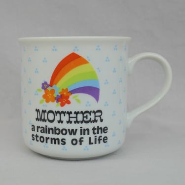 80s Rainbow Mother Coffee Mug - White Ceramic Cup w/ blue dots - George Good, Japan - Mother a rainbow in the storms of life - Vintage 1980s 