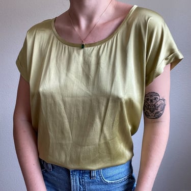 Eileen Fisher Chartreuse Green Scoop Neck Silk Short Sleeve Blouse Sz M 