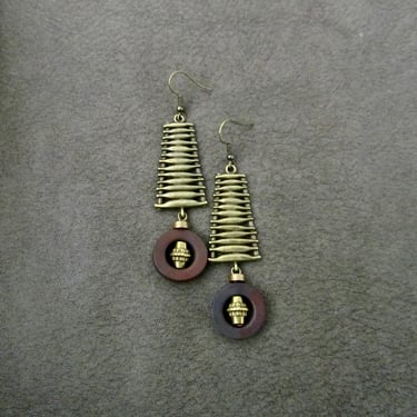 Mid century modern earrings, long brown wood and bronze Afrocentric dangle earrings 
