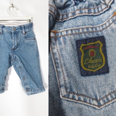 Vintage 90s Baby Gap Cotton Denim Snap Leg Jeans With Crest Patch Size 3-6M 