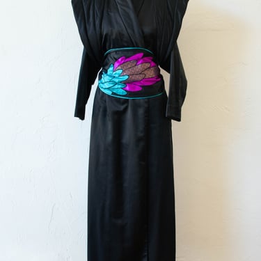 Vintage 1980s Natori Black Kimono Inspired Robe M/L