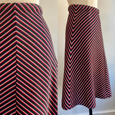 Fun Vintage 60's 70's MOD STRIPED CHEVRON A-line Skirt / Black + White + Red / M 