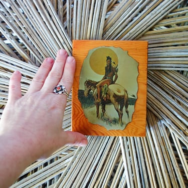 Vintage Native American art 5.5x4.5" small print rustic wood wall hanging, handmade collage of US Indian man horseback rider on the plains 