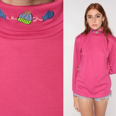 Pink Turtleneck Shirt 90s Winter Mittens Long Sleeve Shirt 1990s Bright Pink Tshirt Retro Tee Turtle neck Vintage Ski Layer Small S 