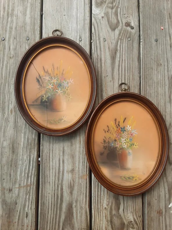 Vintage Signed GH Wildflower Still Life's - Oval Frame Wall Decor