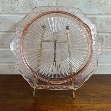 Pink Anchor Hocking Glass Cake Stand Plate with Handle, Mayfair Open Rose 