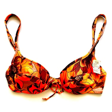 Vintage 70s Bikini Bra Top // Orange Floral Boho Hippie Swimsuit Top 1970s Swimwear 