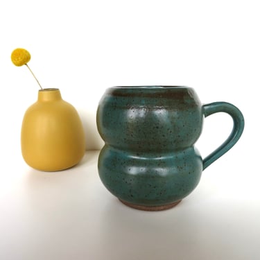 Vintage Studio Pottery Bubble Mug in Speckled Teal, Hand Crafted 16 oz Stoneware Coffee Cup 