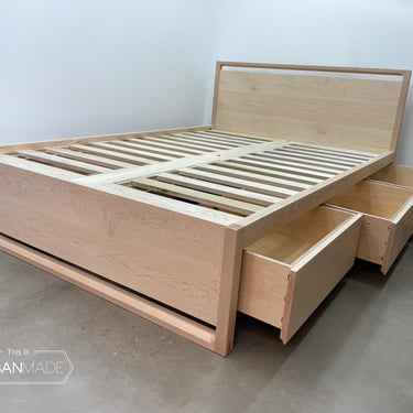 Wooden Maple Platform Storage Bed with Drawers, Non toxic furniture, Solid maple bed frame, wood platform bed frame, Wooden bedroom set 