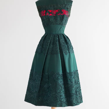 Exquisite 1950's Evergreen Silk Taffeta & Soutache Party Dress With Balmain Label / SM