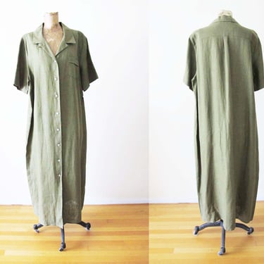 Vintage 90s Deadstock Green Linen Maxi Dress M L - 1990s Minimalist Button Front Long Casual Dress - Earth Tone Natural Fiber Clothes 