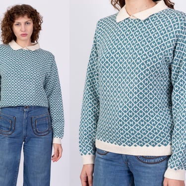 90s L.L. Bean Blue Argyle Sweater - Medium | Vintage Collared Cotton Knit Pullover Jumper 