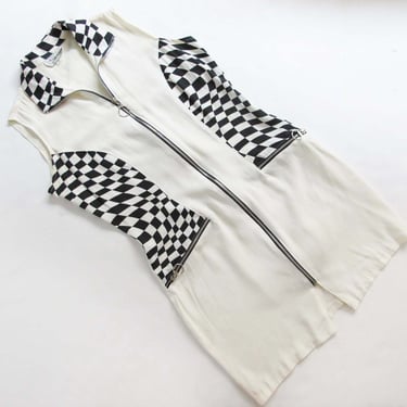 Vintage 90s Checkerboard Mini Dress M - 1990s Op Art Black White Zip Front Sheath Dress - Rave Club Dress 