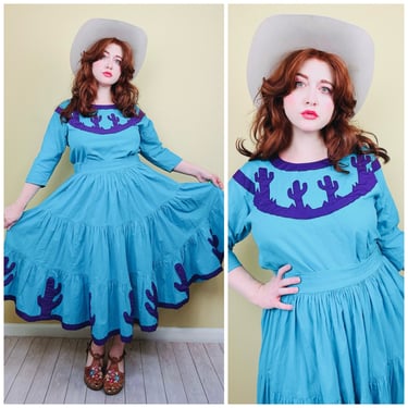 1980s Vintage Je-Jo Turquoise and Purple Western Skirt / 80s Cotton Tiered Cactus Applique Blouse and Broomstick Skirt / Medium - Large 