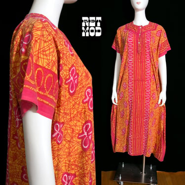 Fantastic Vintage 70s Orange Red Abstract Patterned Cotton Caftan Indian Dress 