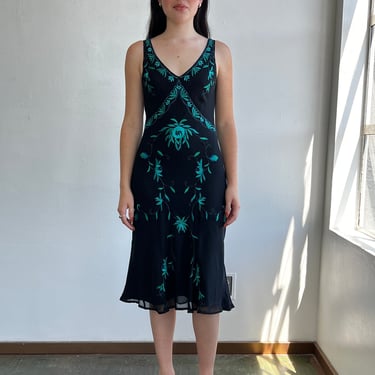 Turquoise Floral Embroidered Silk Dress (M)